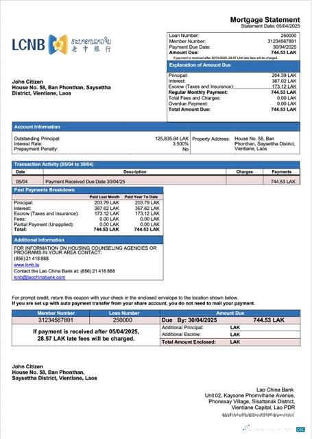Download Laos Lao China Bank mortgage statement Word and PDF template Photoshop template